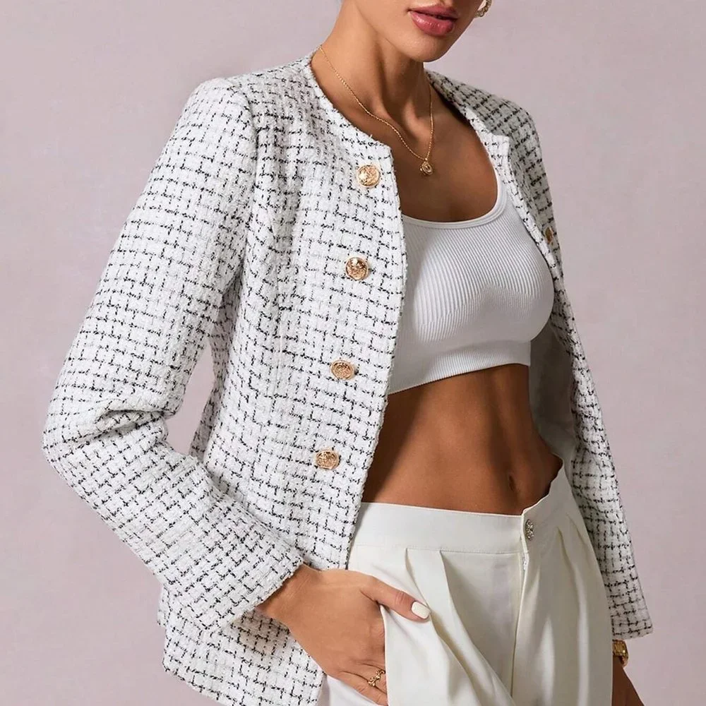 White Preppy Womens Plaid Pattern Double Breasted Tweed Overcoat - Picture 5 of 5